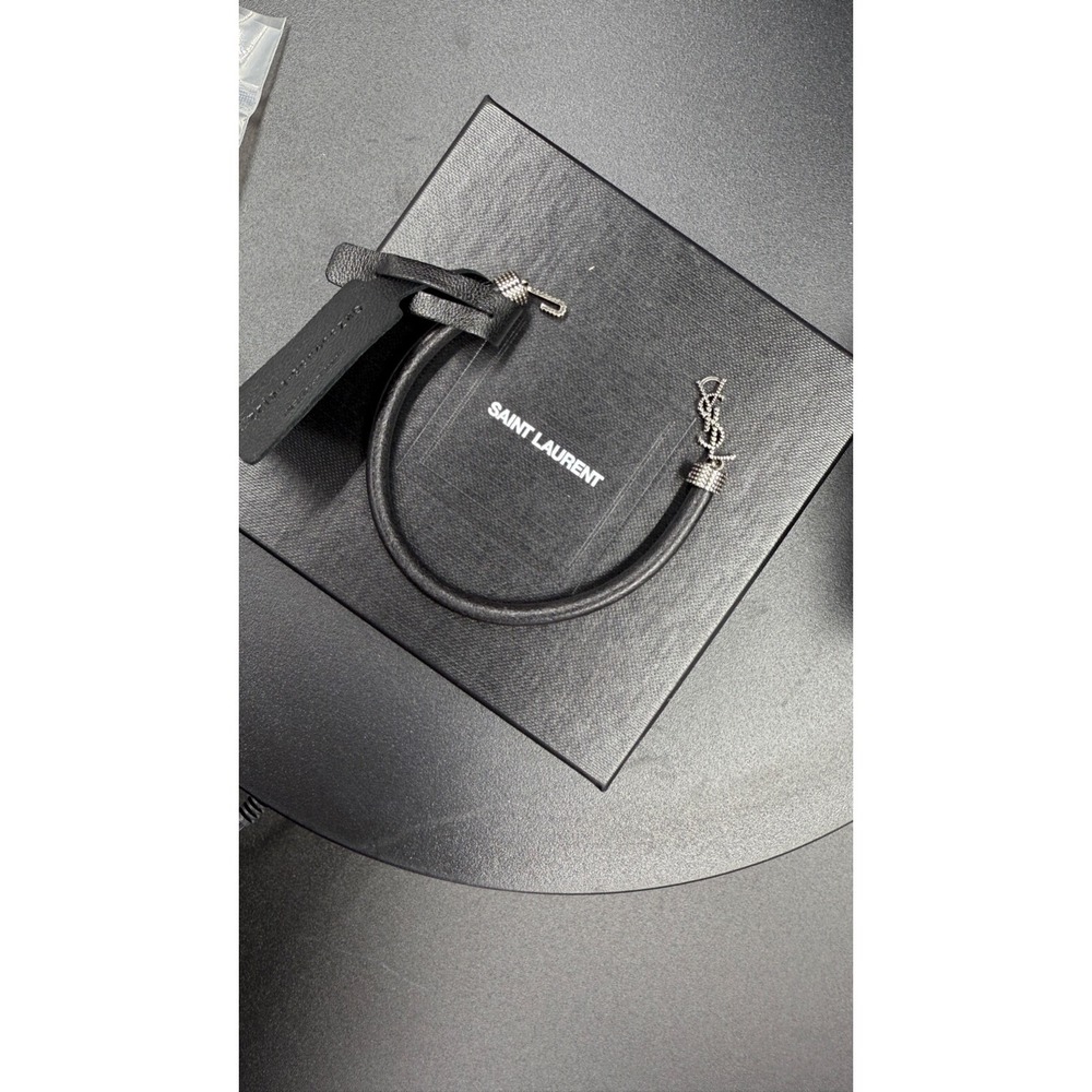 NWT YSL Saint Laurent Logo‎ Opyum Metal and Leather Black Bracelet Size S - Picture 6 of 6